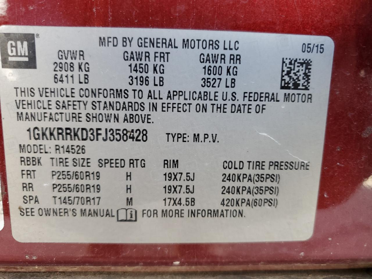 2015 GMC Acadia Slt-1 VIN: 1GKKRRKD3FJ358428 Lot: 82142015