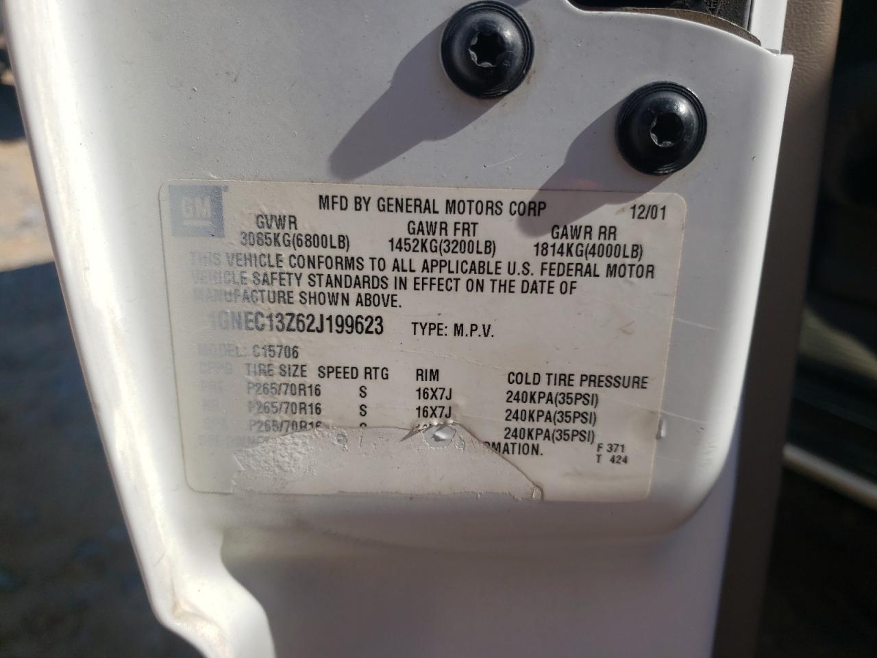 2002 Chevrolet Tahoe C1500 VIN: 1GNEC13Z62J199623 Lot: 86090175