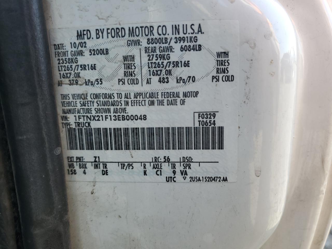 2003 Ford F250 Super Duty VIN: 1FTNX21F13EB00048 Lot: 86290325