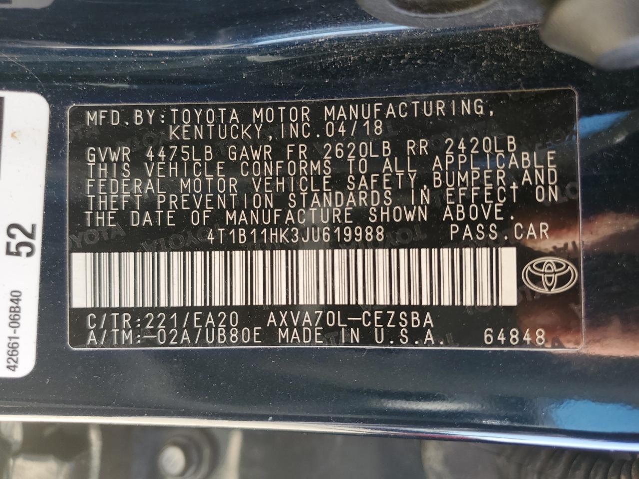 2018 Toyota Camry L VIN: 4T1B11HK3JU619988 Lot: 81951965