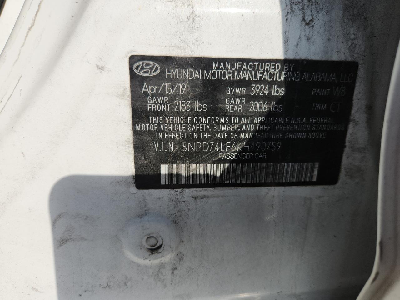 2019 Hyundai Elantra Se VIN: 5NPD74LF6KH490759 Lot: 85725335