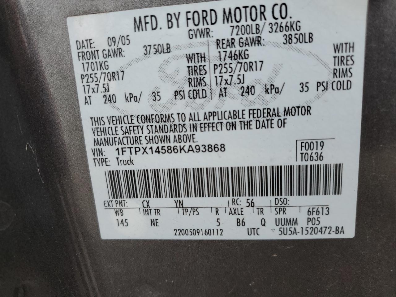 2006 Ford F150 VIN: 1FTPX14586KA93868 Lot: 90093925