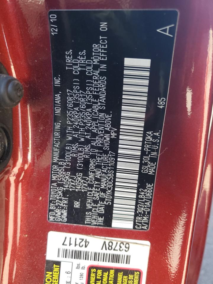 2011 Toyota Sienna Xle VIN: 5TDYK3DC5BS110917 Lot: 84935105