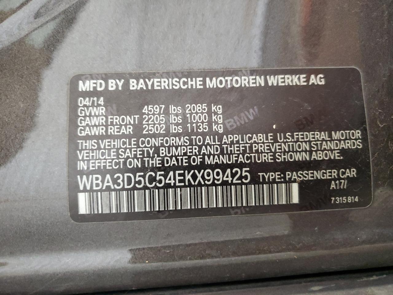 2014 BMW 328 D xDrive VIN: WBA3D5C54EKX99425 Lot: 82458165