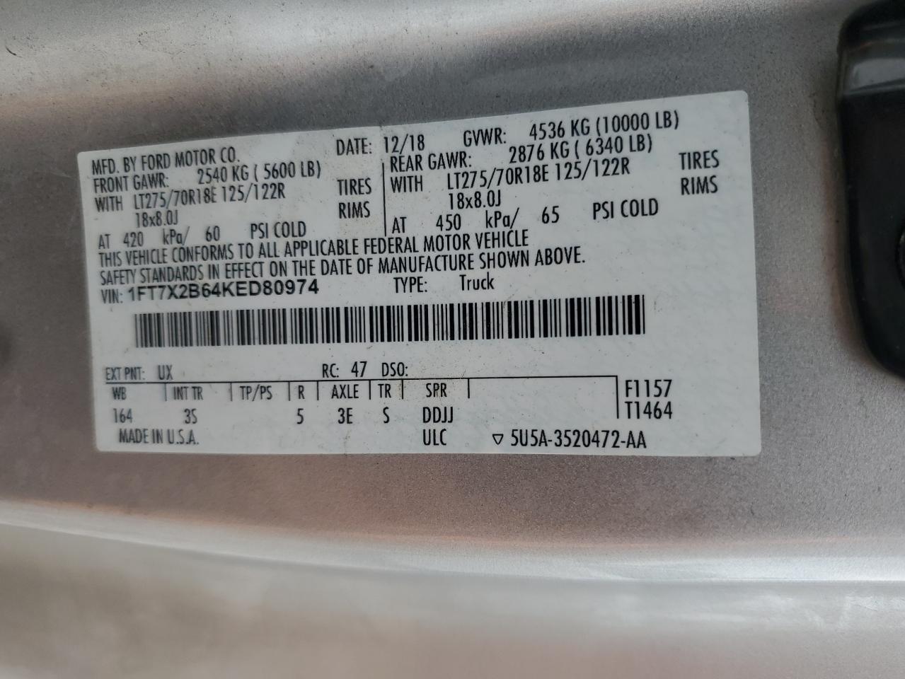 2019 Ford F250 Super Duty VIN: 1FT7X2B64KED80974 Lot: 85522105