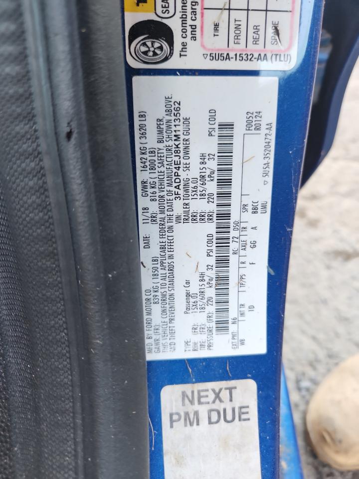 2019 Ford Fiesta Se VIN: 3FADP4EJ8KM113562 Lot: 85272105