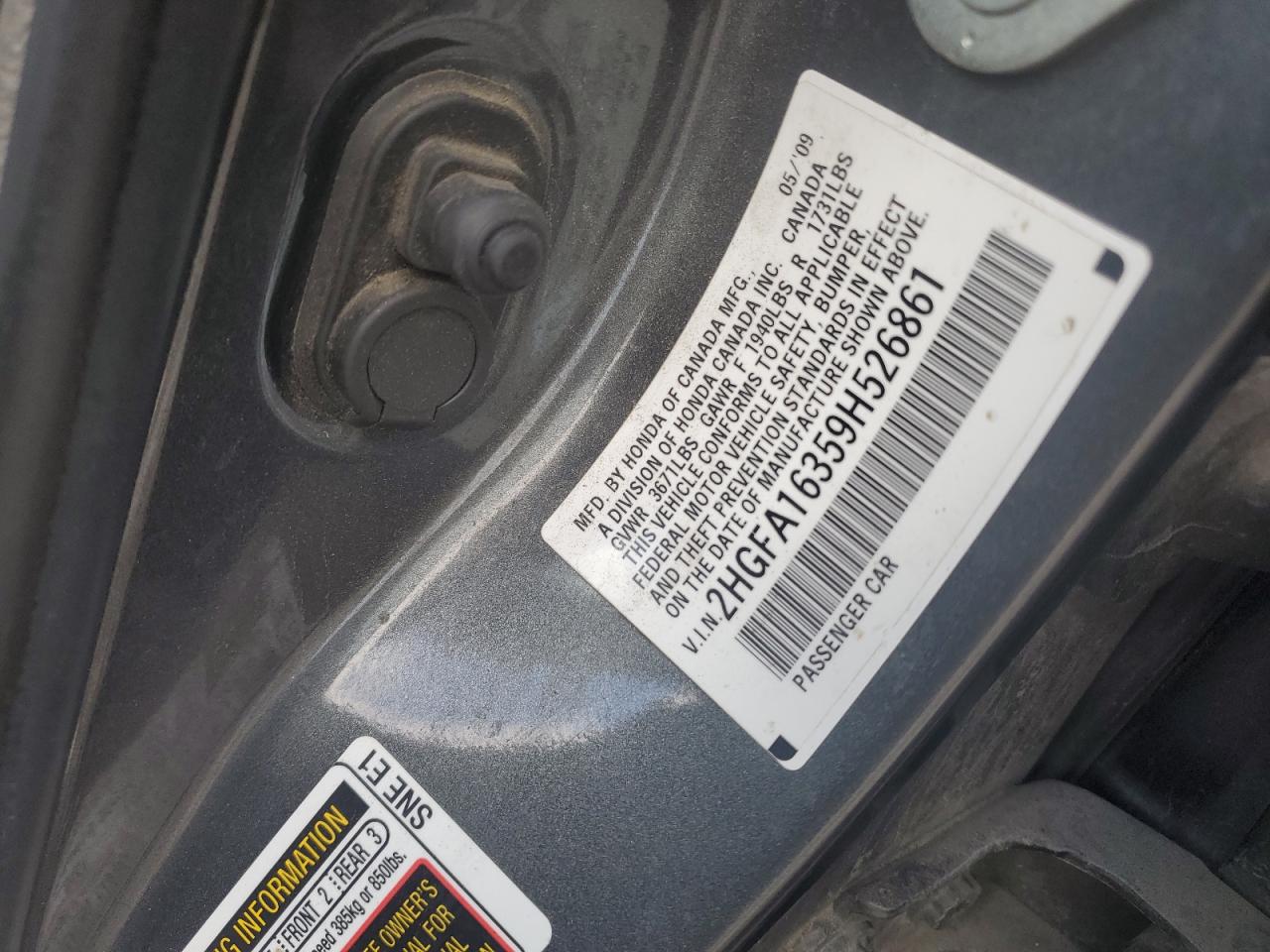 2009 Honda Civic Vp VIN: 2HGFA16359H526861 Lot: 82395465