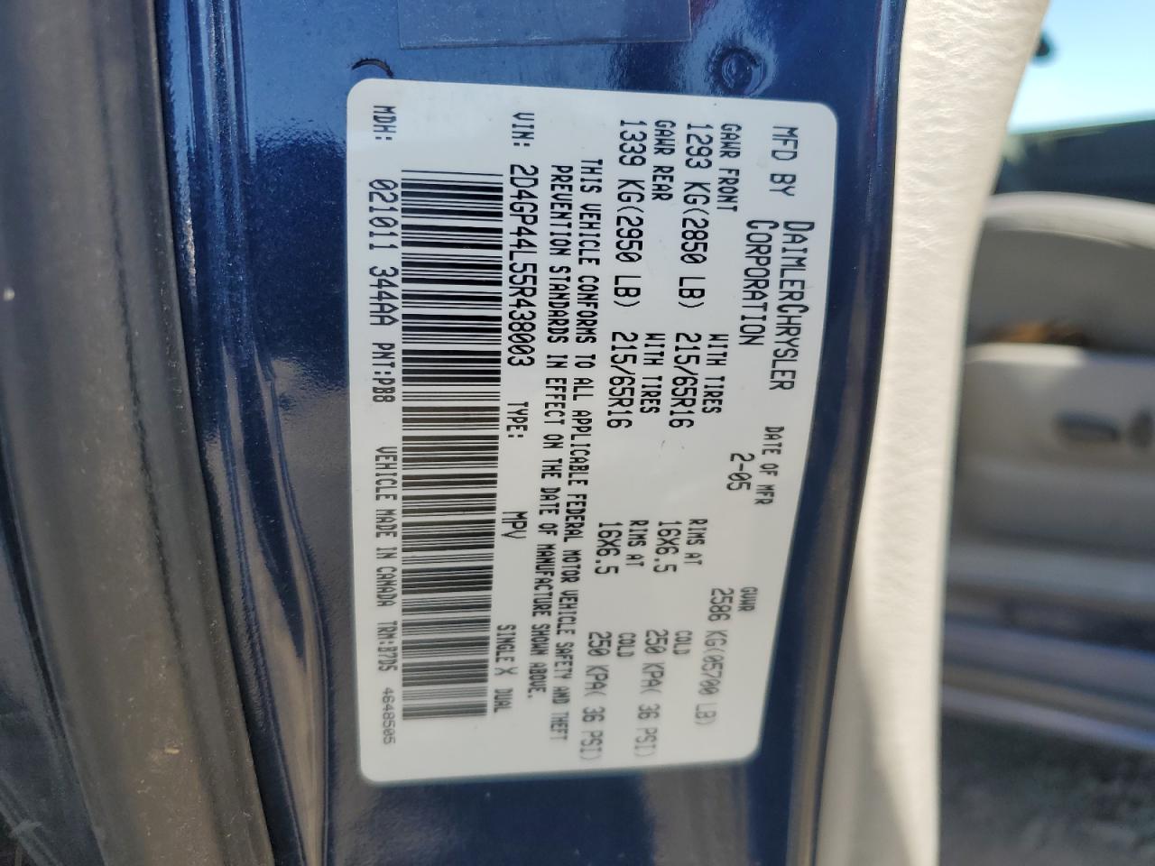 2005 Dodge Grand Caravan Sxt VIN: 2D4GP44L55R438003 Lot: 85586775