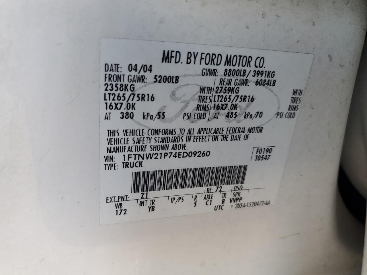 2004 Ford F250 Super Duty VIN: 1FTNW21P74ED09260 Lot: 82564845