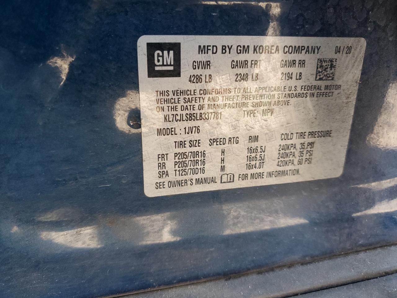 2020 Chevrolet Trax 1Lt VIN: KL7CJLSB5LB337781 Lot: 82578225