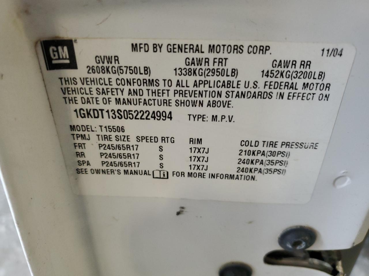 2005 GMC Envoy VIN: 1GKDT13S052224994 Lot: 90252815