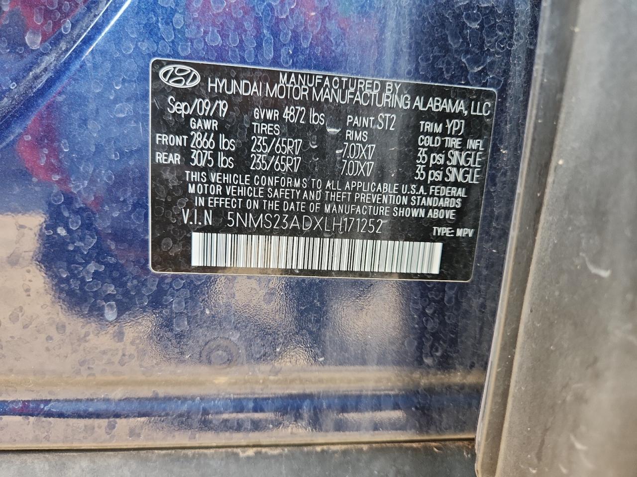 2020 Hyundai Santa Fe Se VIN: 5NMS23ADXLH171252 Lot: 85931765