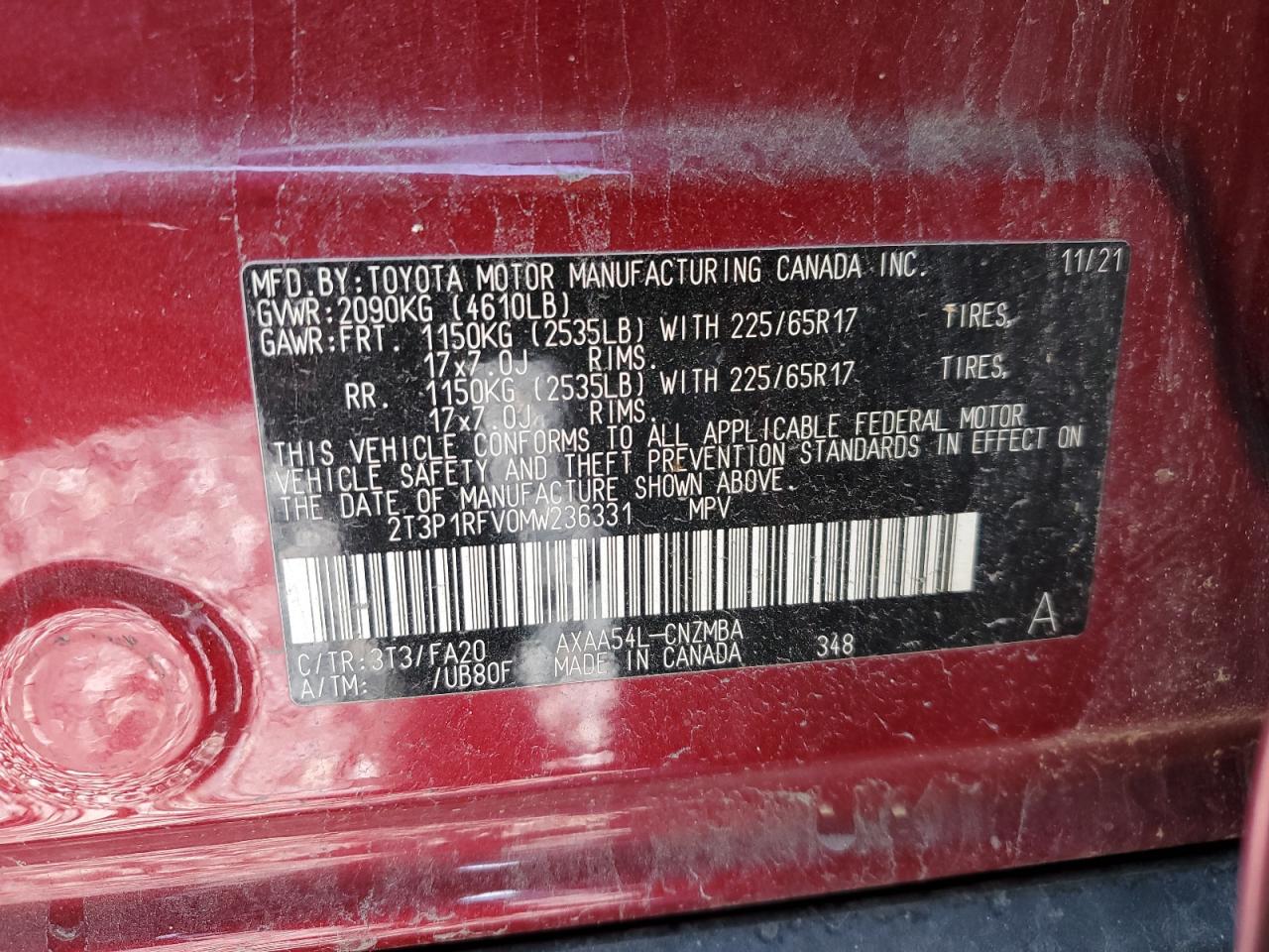 2021 Toyota Rav4 Xle VIN: 2T3P1RFV0MW236331 Lot: 86077805