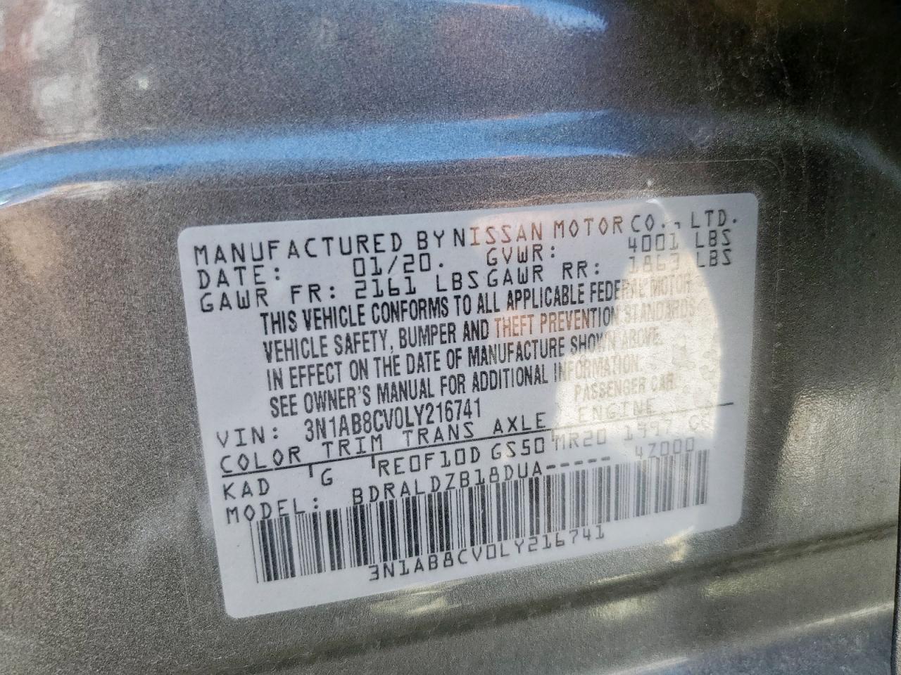 2020 Nissan Sentra Sv VIN: 3N1AB8CV0LY216741 Lot: 85355325