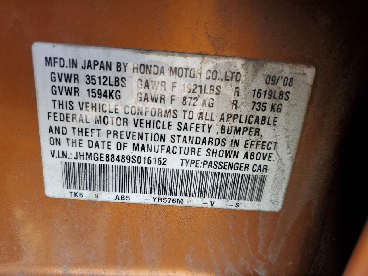 2009 Honda Fit Sport VIN: JHMGE88489S016162 Lot: 85533165
