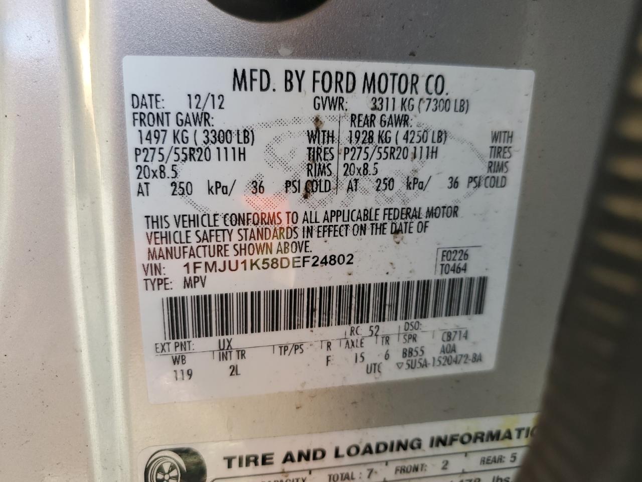 2013 Ford Expedition Limited VIN: 1FMJU1K58DEF24802 Lot: 87069495