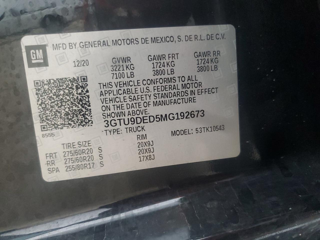 2021 GMC Sierra K1500 Slt VIN: 3GTU9DED5MG192673 Lot: 89717275
