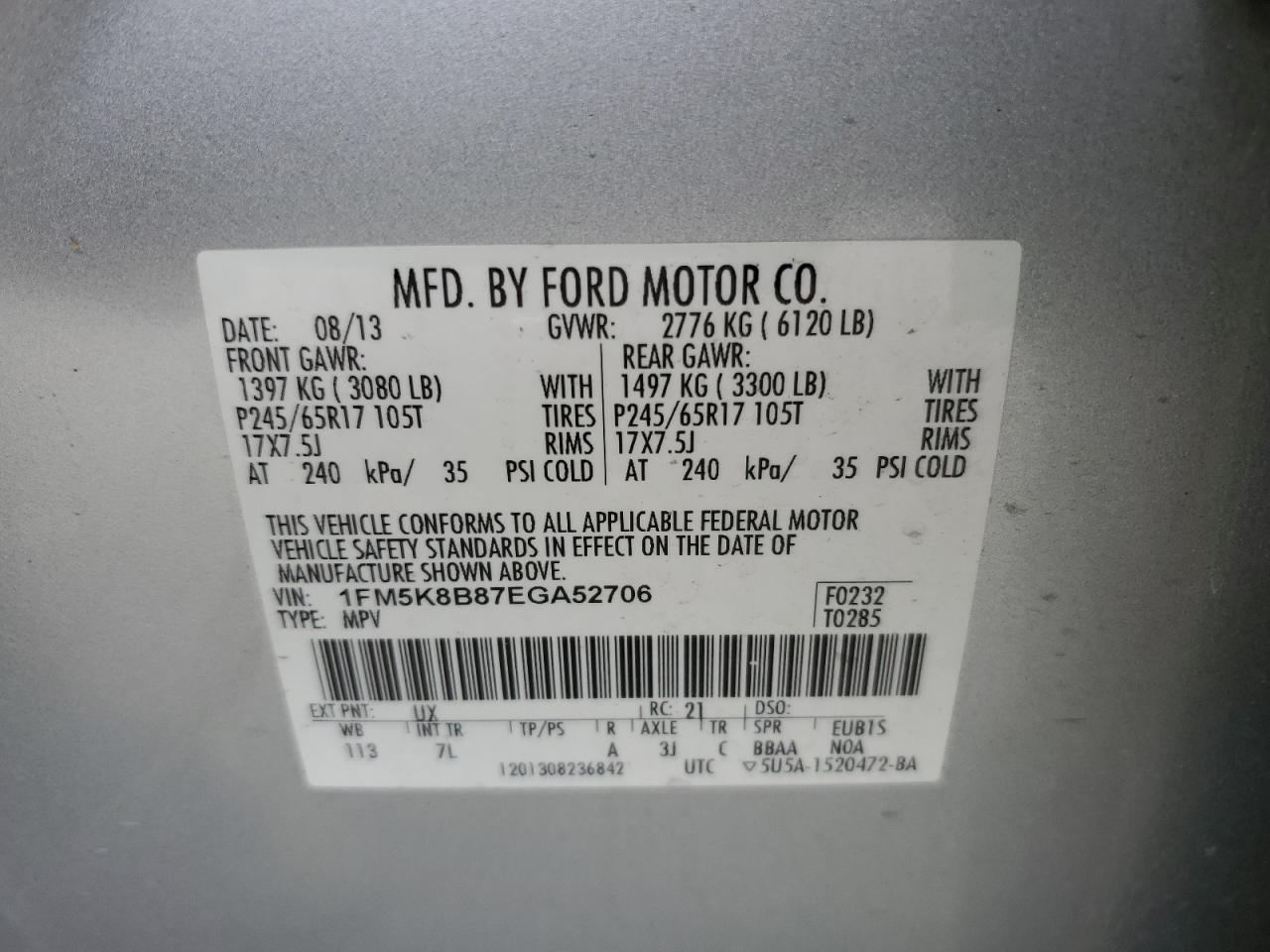 2014 Ford Explorer VIN: 1FM5K8B87EGA52706 Lot: 86177825