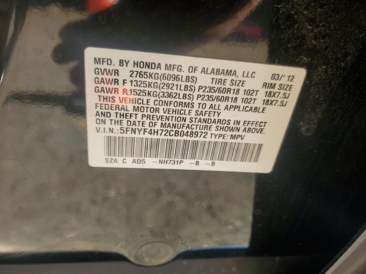 2012 Honda Pilot Exln VIN: 5FNYF4H72CB048972 Lot: 82382795