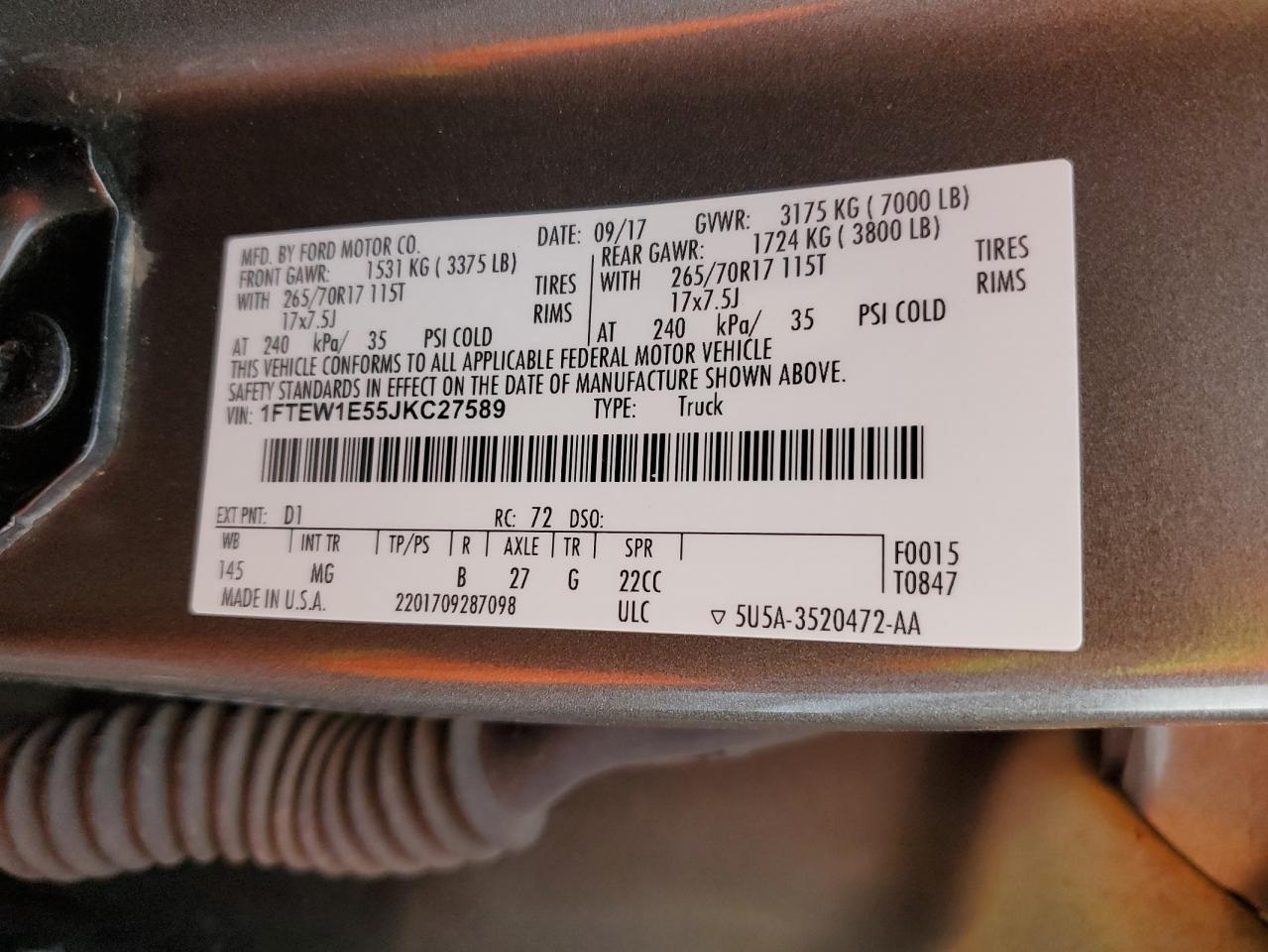 2018 Ford F150 Supercrew VIN: 1FTEW1E55JKC27589 Lot: 91008105