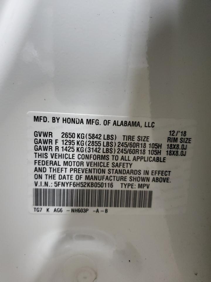 2019 Honda Pilot Exl VIN: 5FNYF6H52KB050116 Lot: 87485235