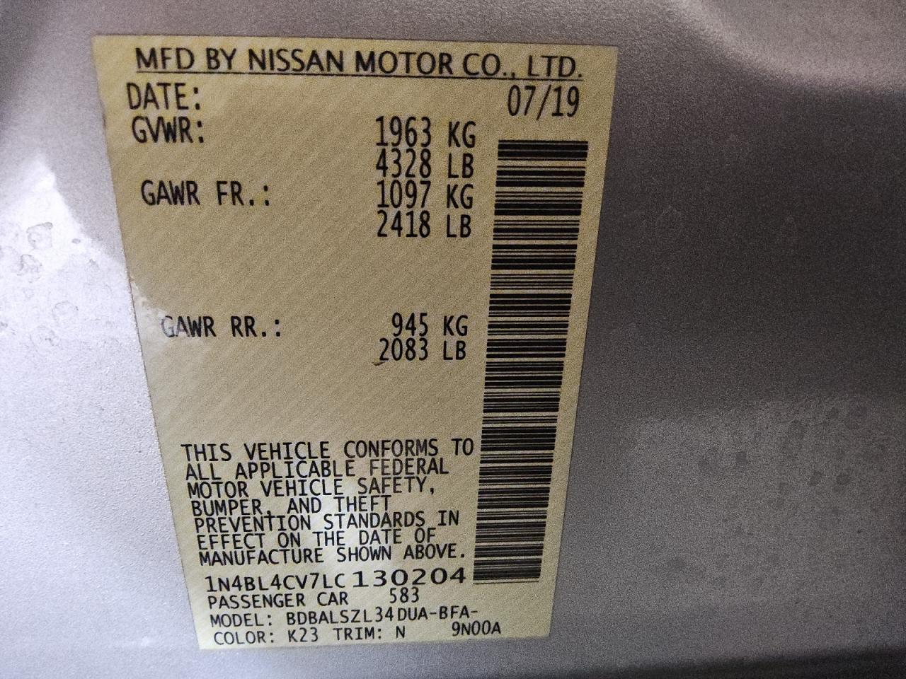 2020 Nissan Altima Sr VIN: 1N4BL4CV7LC130204 Lot: 84476345