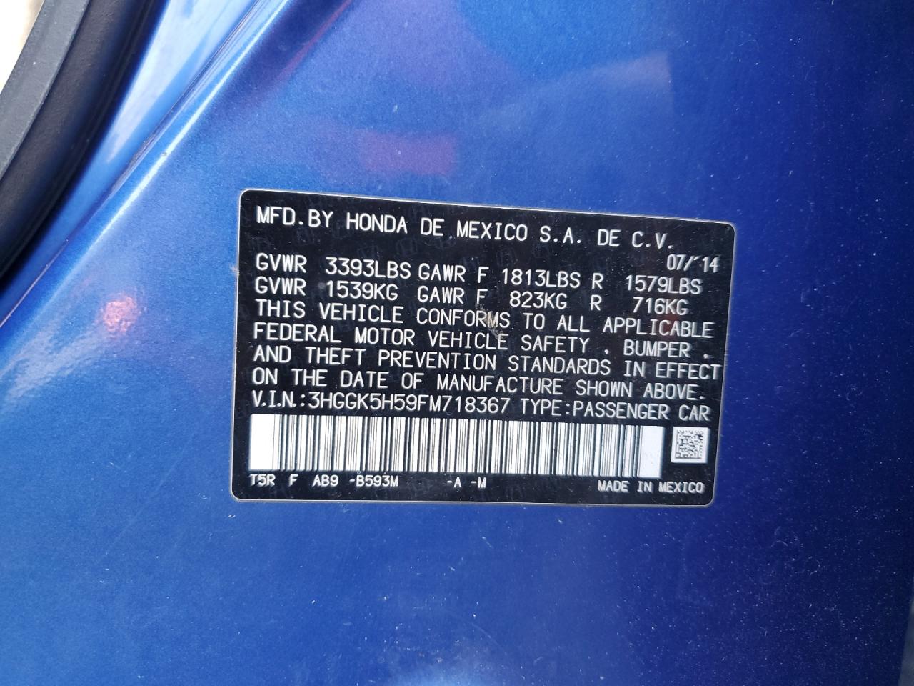 2015 Honda Fit Lx VIN: 3HGGK5H59FM718367 Lot: 85653085