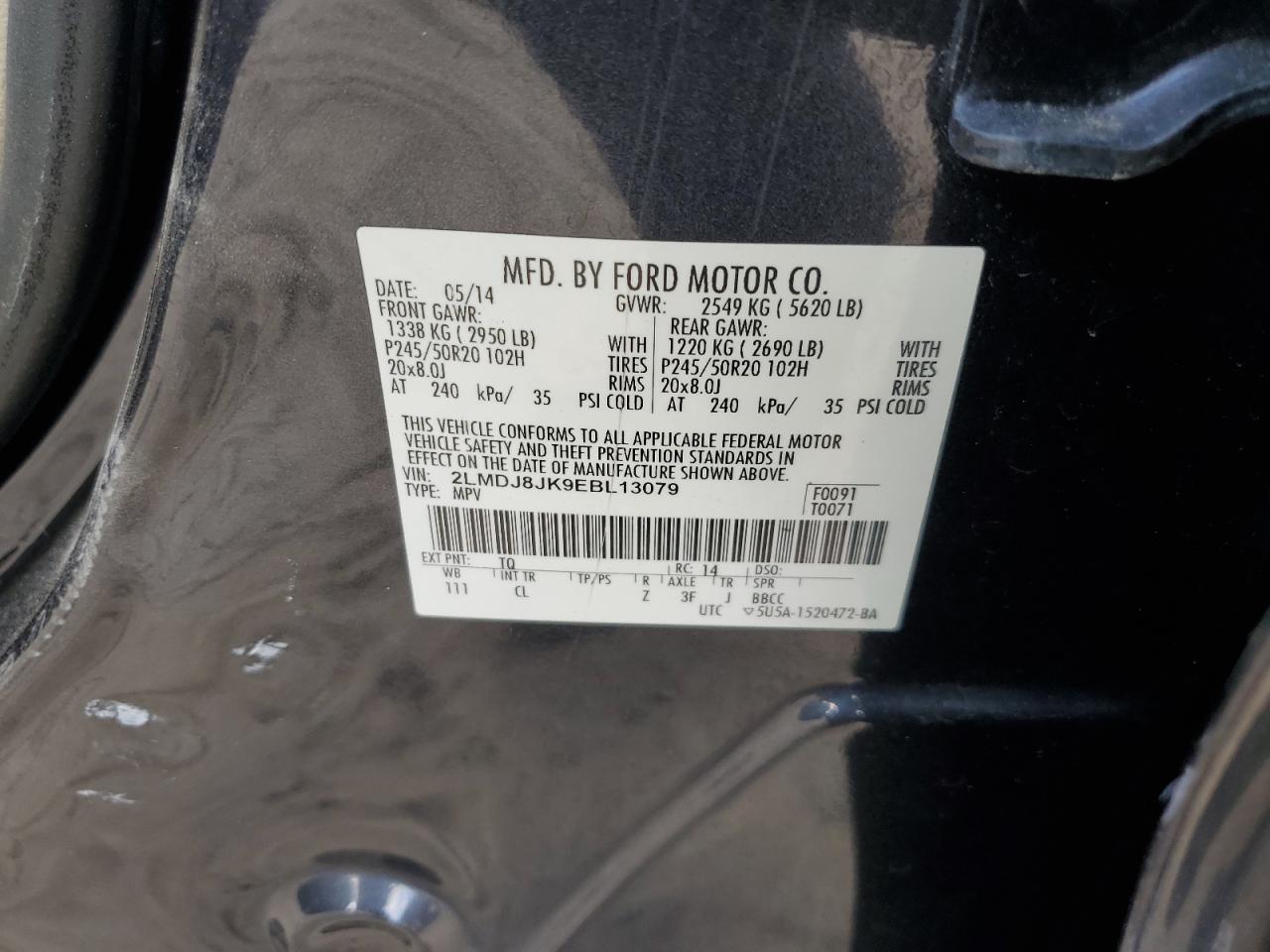 2014 Lincoln Mkx VIN: 2LMDJ8JK9EBL13079 Lot: 84935625