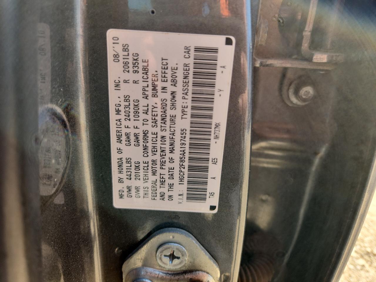 2010 Honda Accord Exl VIN: 1HGCP2F85AA197455 Lot: 82359845