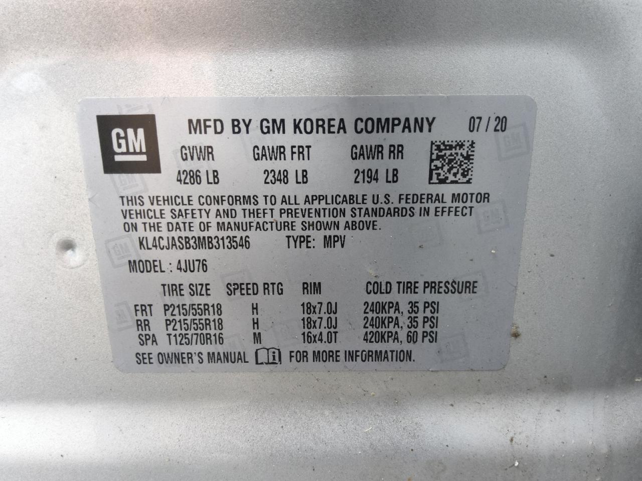 2021 Buick Encore Preferred VIN: KL4CJASB3MB313546 Lot: 90144715