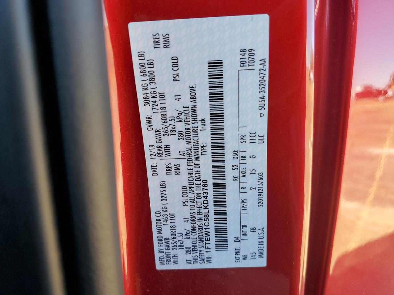 2020 Ford F150 Supercrew VIN: 1FTEW1C58LKD43780 Lot: 86886435