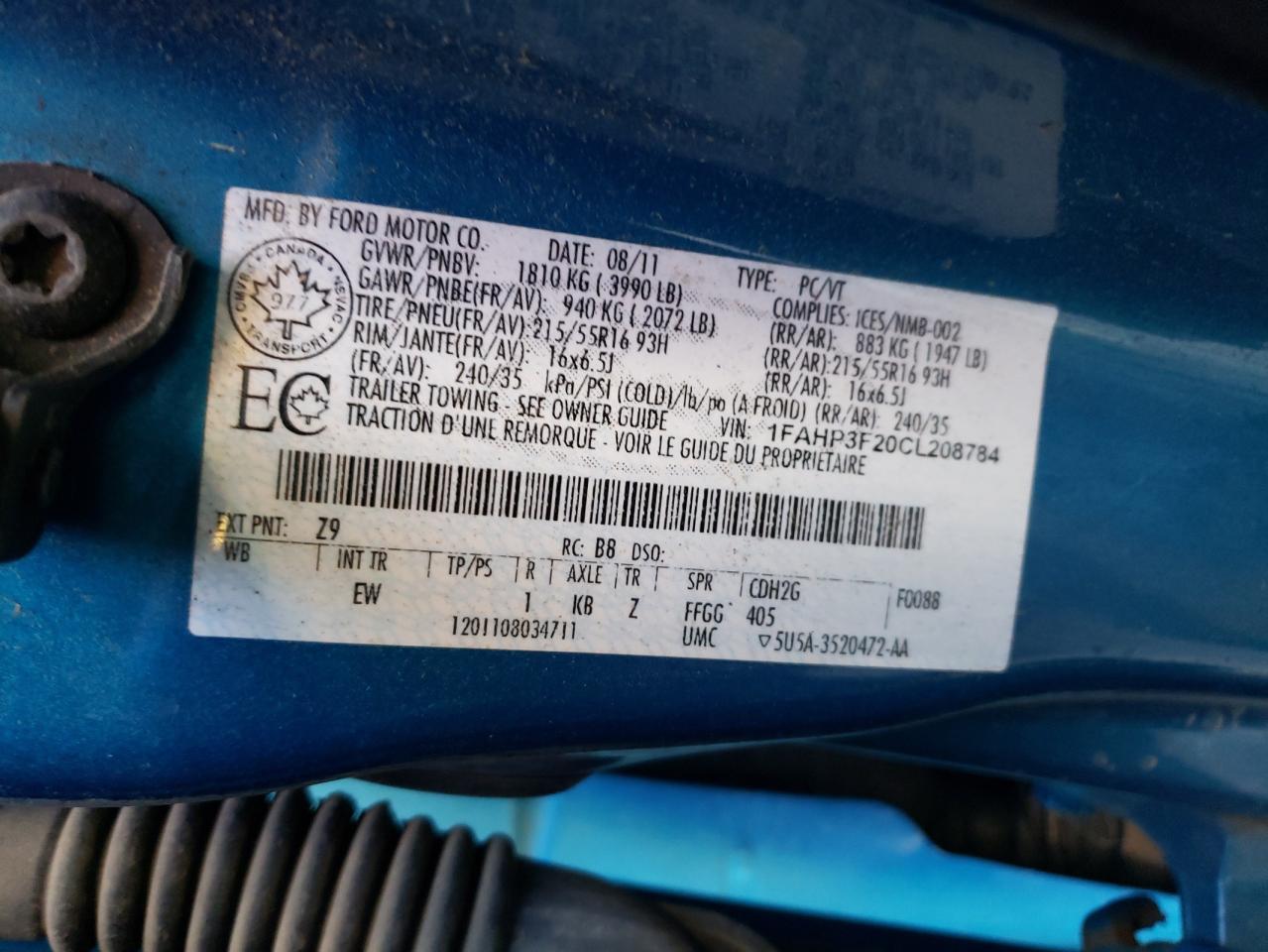 2012 Ford Focus Se VIN: 1FAHP3F20CL208784 Lot: 85350535