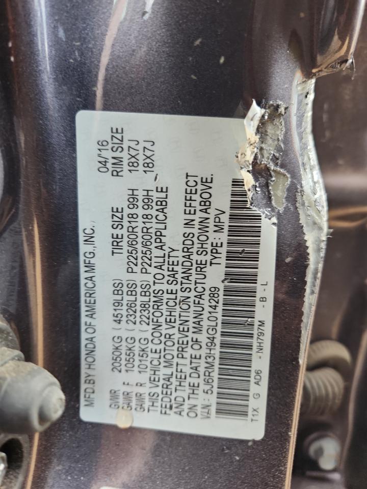 2016 Honda Cr-V Touring VIN: 5J6RM3H94GL014289 Lot: 85924565