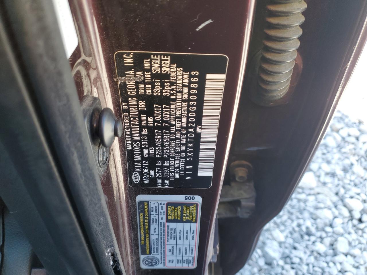 2013 Kia Sorento Lx VIN: 5XYKTDA20DG309863 Lot: 85863745