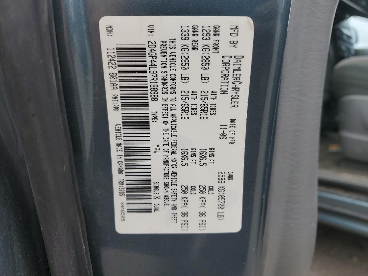 2007 Dodge Grand Caravan Sxt VIN: 2D4GP44L97R198988 Lot: 85137835