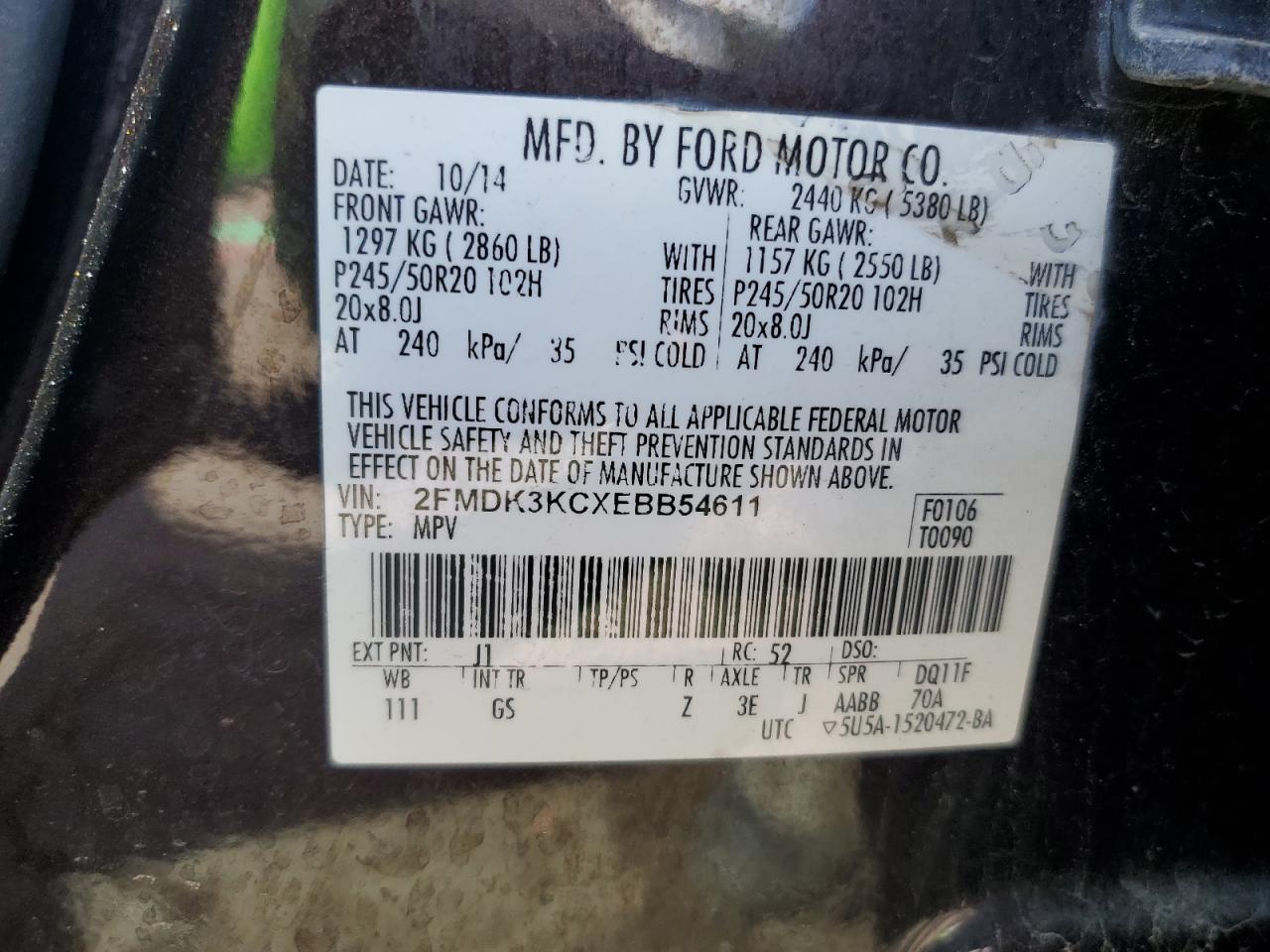 2014 Ford Edge Limited VIN: 2FMDK3KCXEBB54611 Lot: 85711525