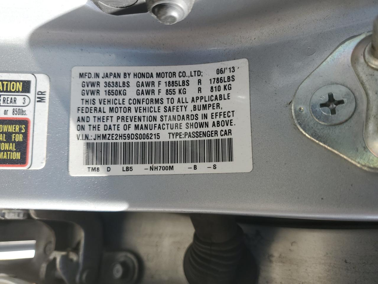 2013 Honda Insight Lx VIN: JHMZE2H59DS006215 Lot: 82273025