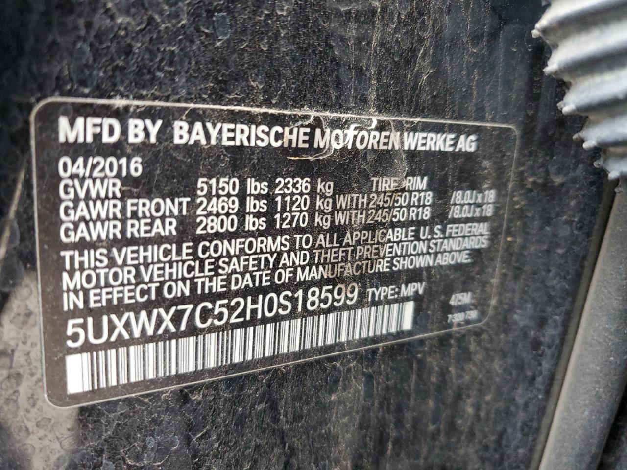 2017 BMW X3 xDrive35I VIN: 5UXWX7C52H0S18599 Lot: 85590565