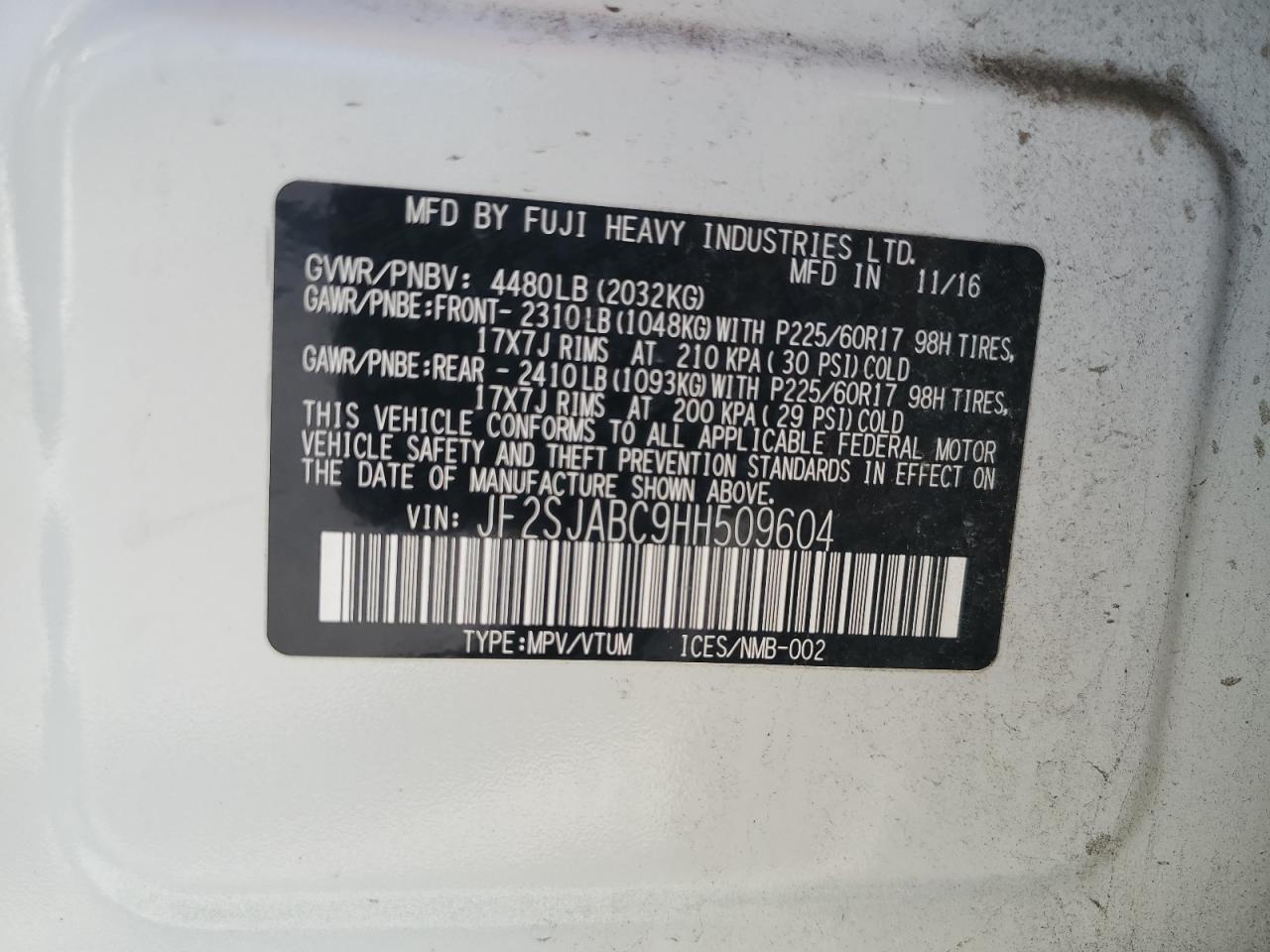 2017 Subaru Forester 2.5I VIN: JF2SJABC9HH509604 Lot: 89933585