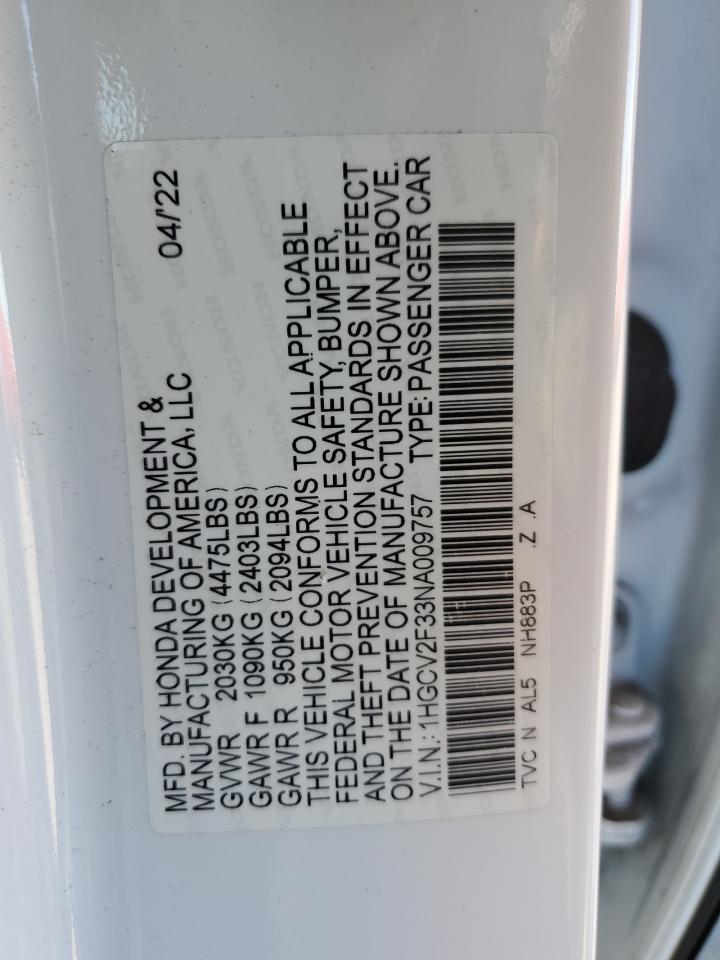 2022 Honda Accord Sport VIN: 1HGCV2F33NA009757 Lot: 81918705
