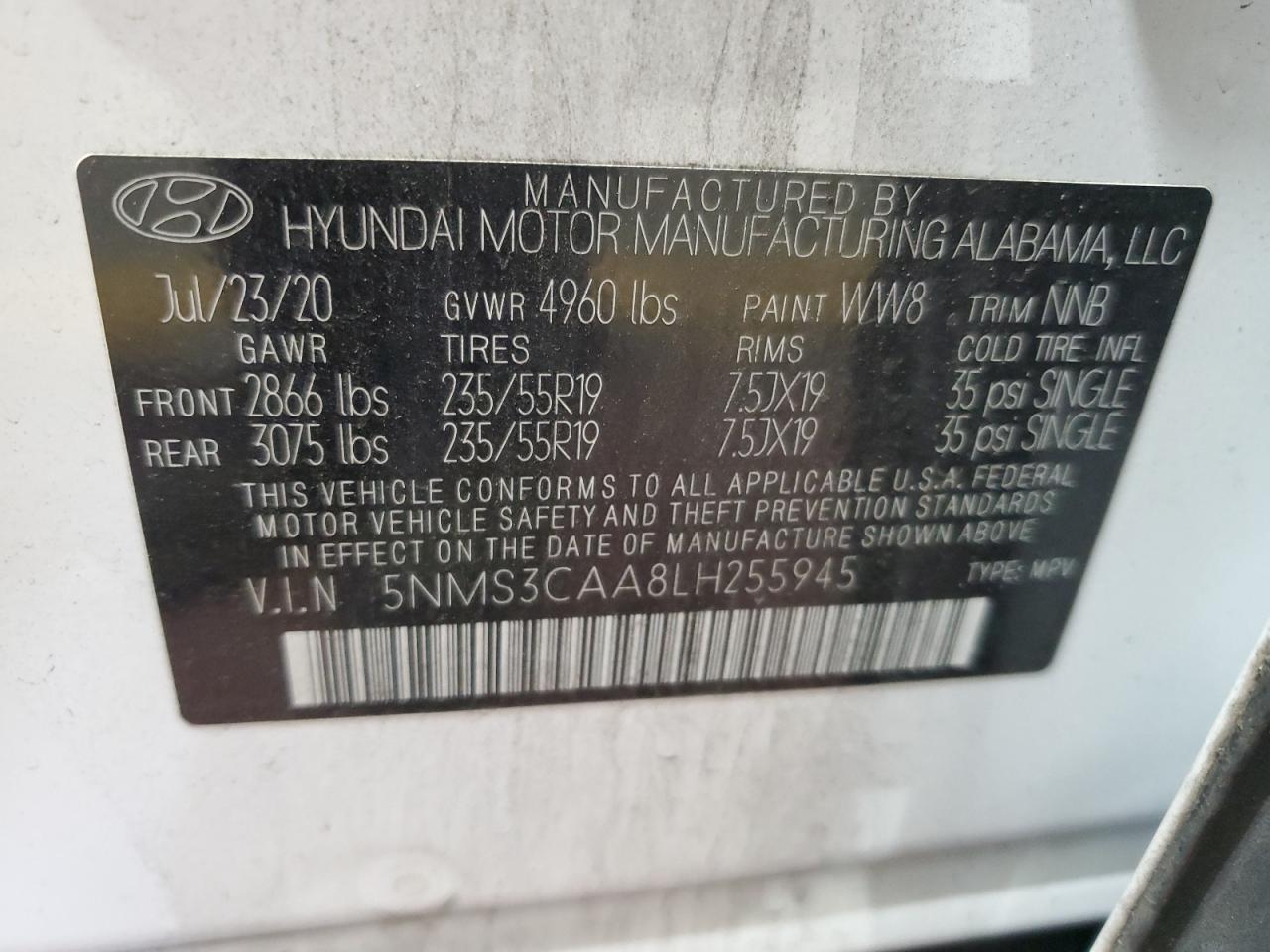 2020 Hyundai Santa Fe Sel VIN: 5NMS3CAA8LH255945 Lot: 84217815