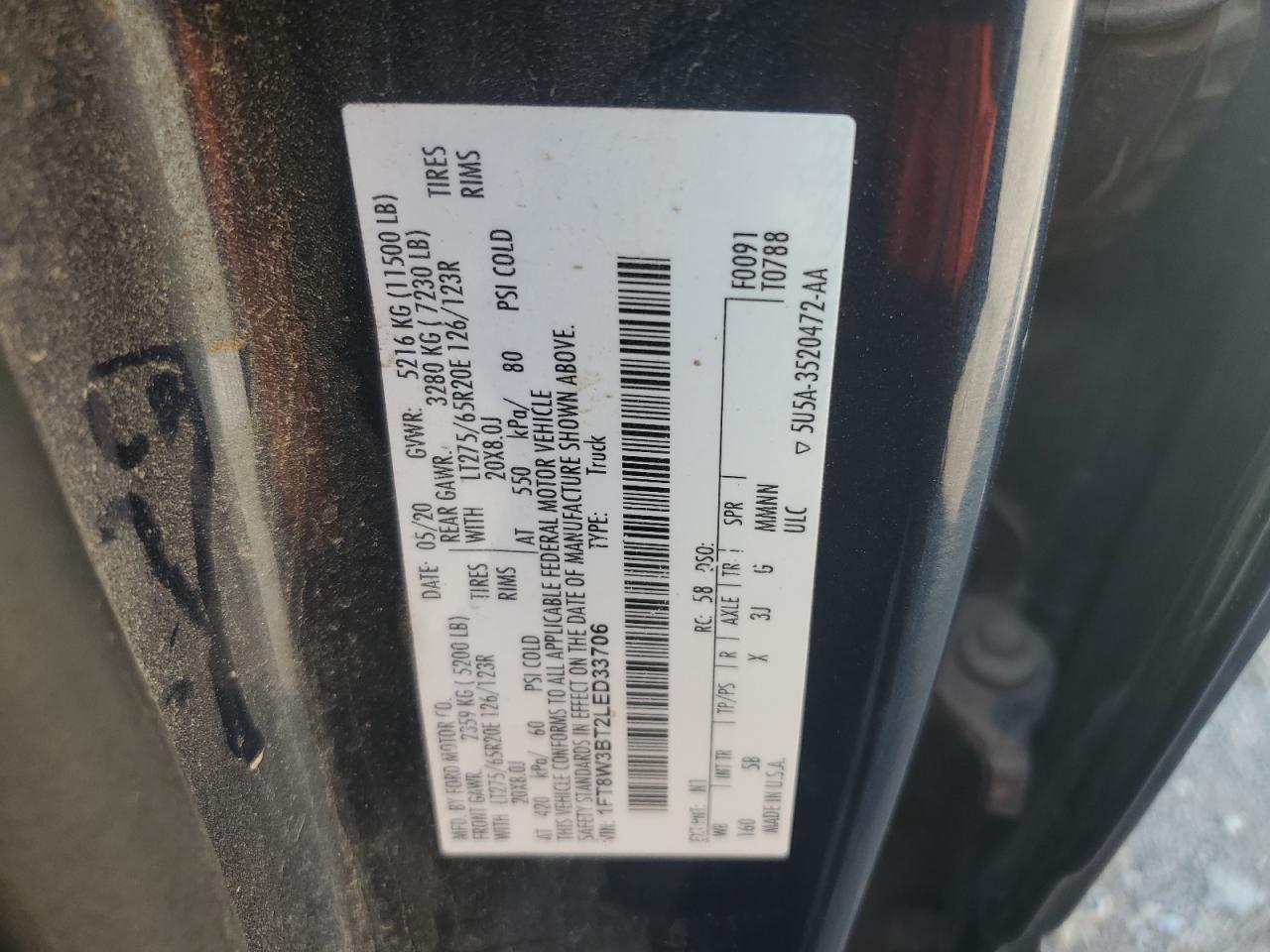 2020 Ford F350 Super Duty VIN: 1FT8W3BT2LED33706 Lot: 84024275