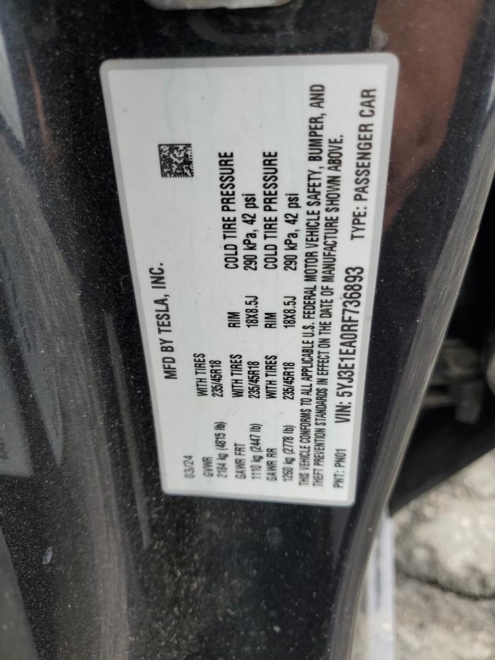 2024 Tesla Model 3 VIN: 5YJ3E1EA0RF736893 Lot: 85750865