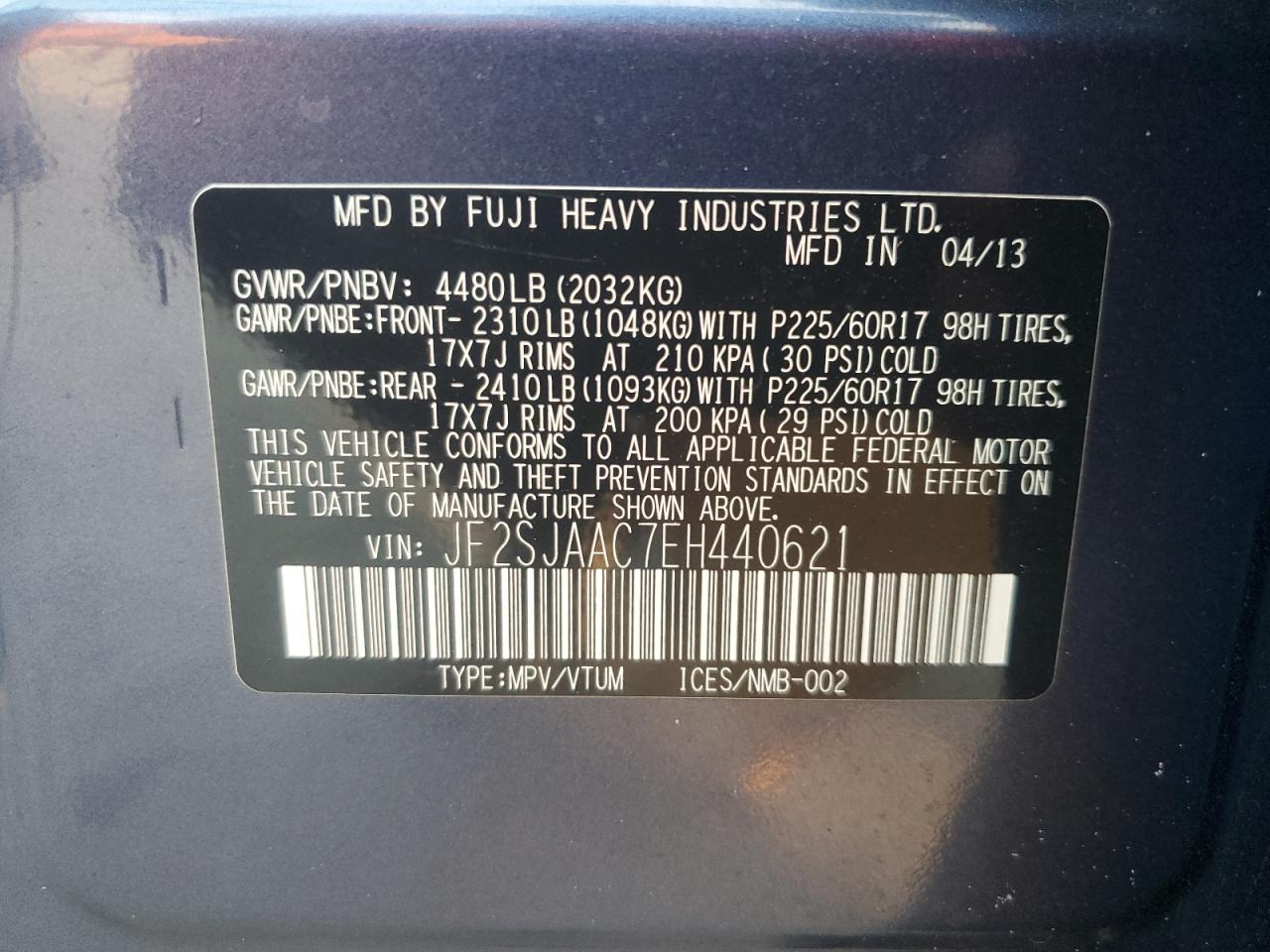 2014 Subaru Forester 2.5I VIN: JF2SJAAC7EH440621 Lot: 86054055