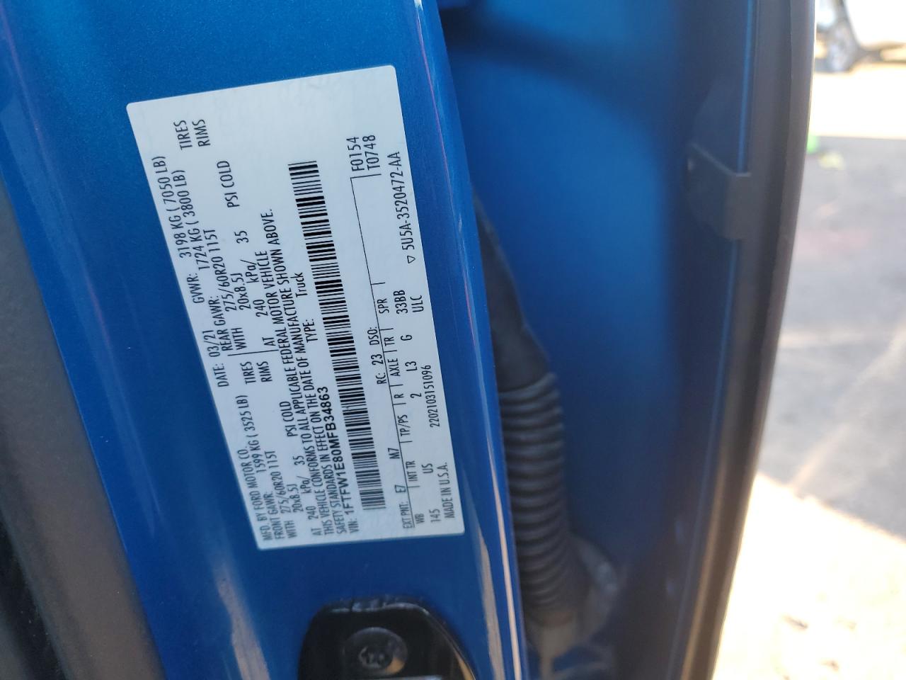 2021 Ford F150 Supercrew VIN: 1FTFW1E80MFB34863 Lot: 86292495