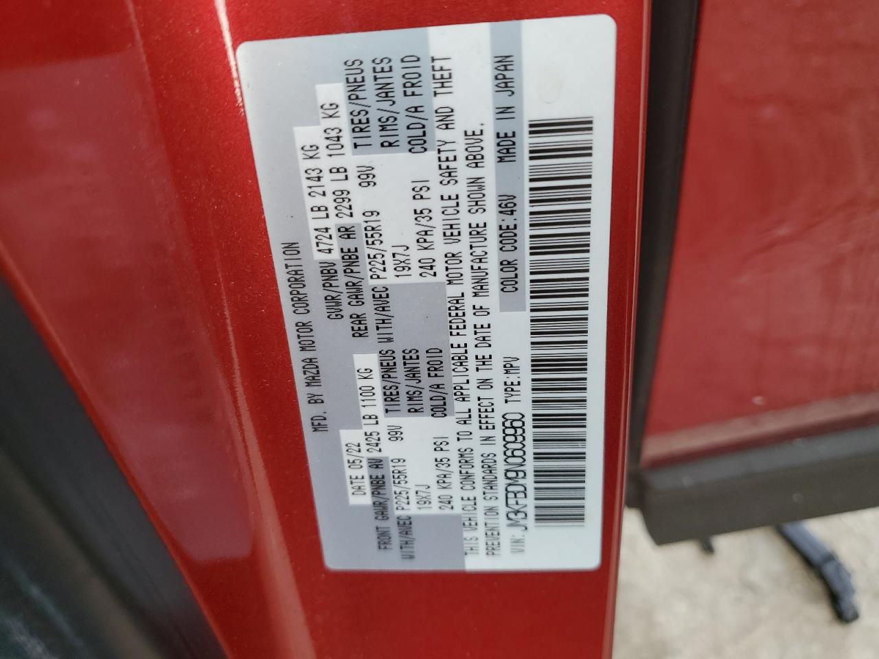 2022 Mazda Cx-5 Premium VIN: JM3KFBDM9N0609960 Lot: 85490325