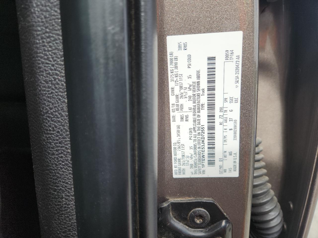 2018 Ford F150 Supercrew VIN: 1FTEW1E53JKD72551 Lot: 86253175