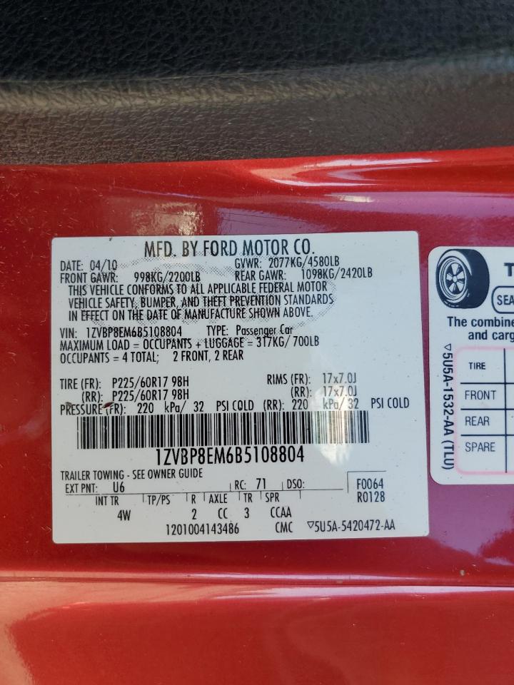 2011 Ford Mustang VIN: 1ZVBP8EM6B5108804 Lot: 86884425