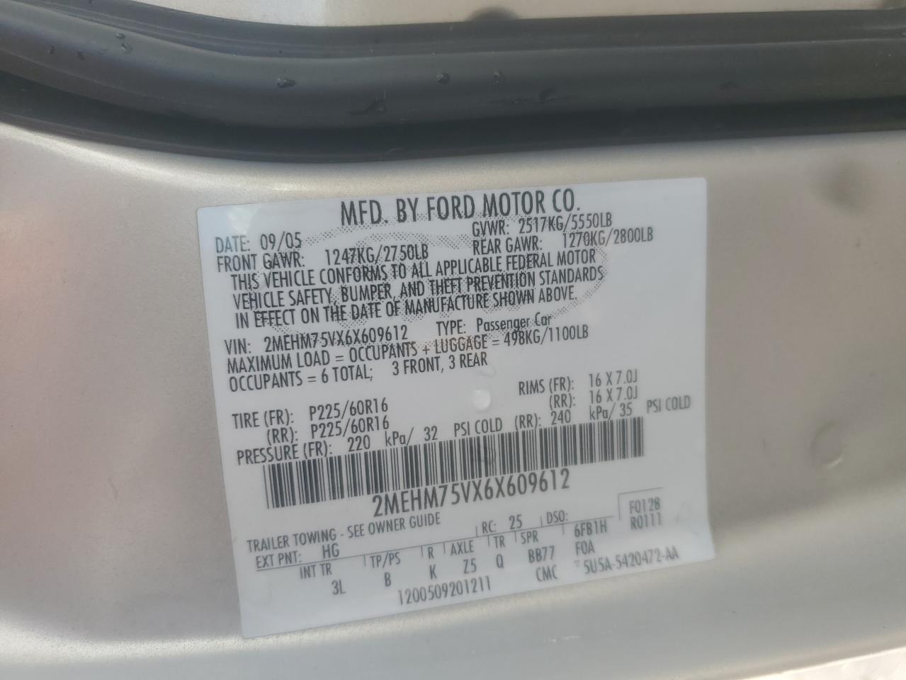 2006 Mercury Grand Marquis Ls VIN: 2MEHM75VX6X609612 Lot: 85700765