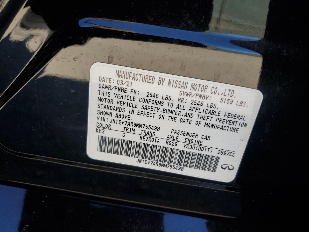 2021 Infiniti Q50 Pure VIN: JN1EV7AR9MM755498 Lot: 87006945